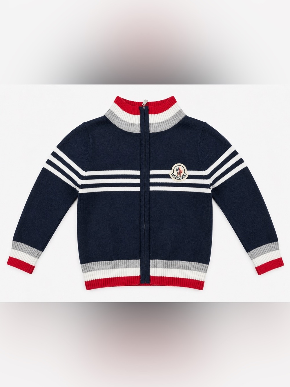 Moncler Kids Navy Zip Knit Jacket with Red, White & Gray Trim